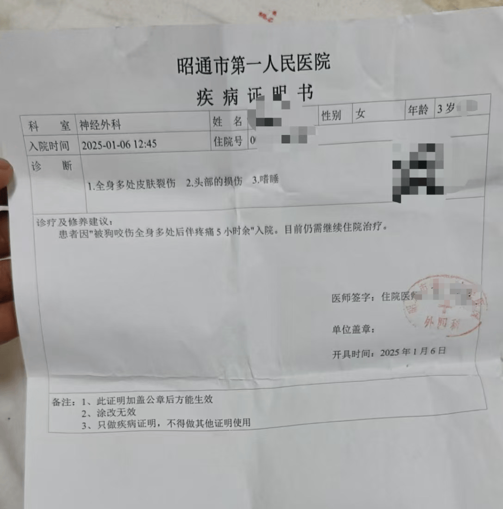 云南大关县3岁女童遭狗群撕咬：全身多处皮肤裂伤，仍在ICU救治